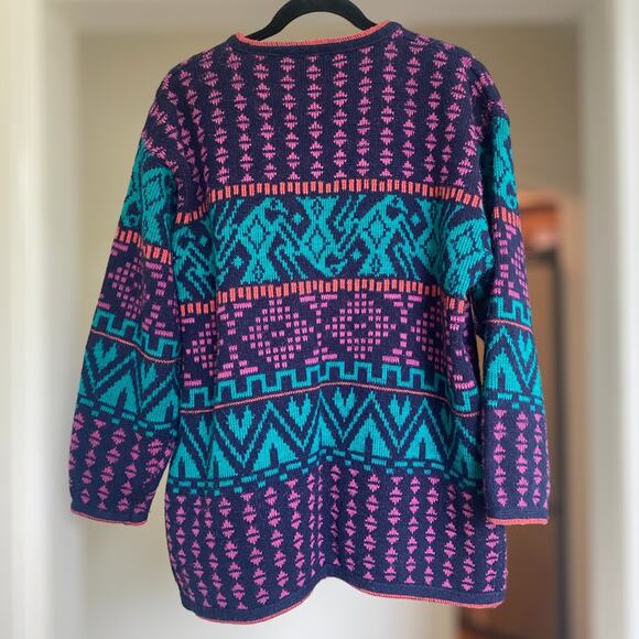 Vintage 80s Chunky Cardigan Sweater Colorful Aztec Patterned Women's M  Preppy - Picture 4 of 7